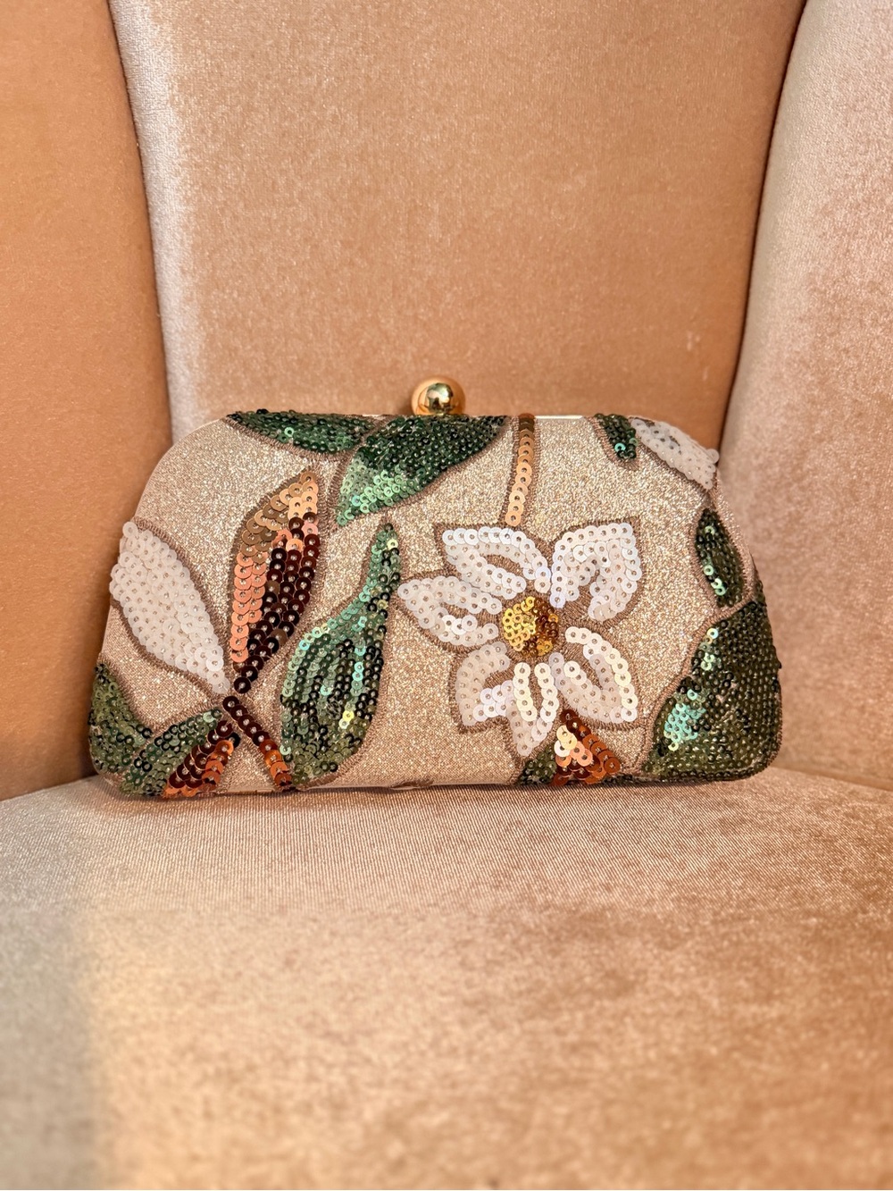 Floral Sequin Evening Clutch - Cream & Green